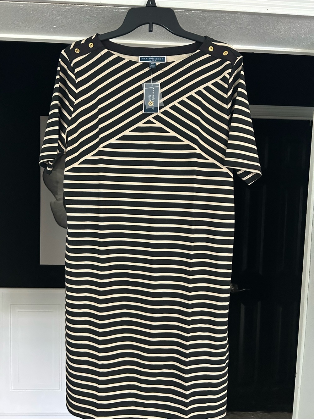 Karen Scott Black and Cream Striped Shift Dress with Shoulder Buttons